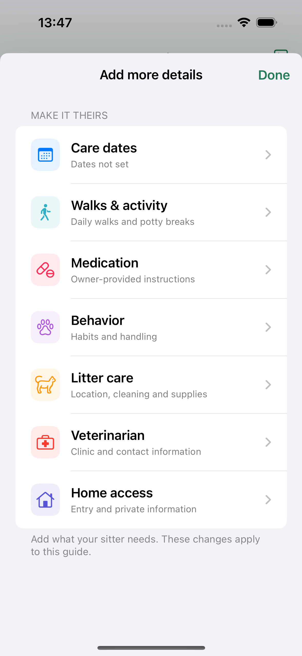 PetBrief optional care details screen