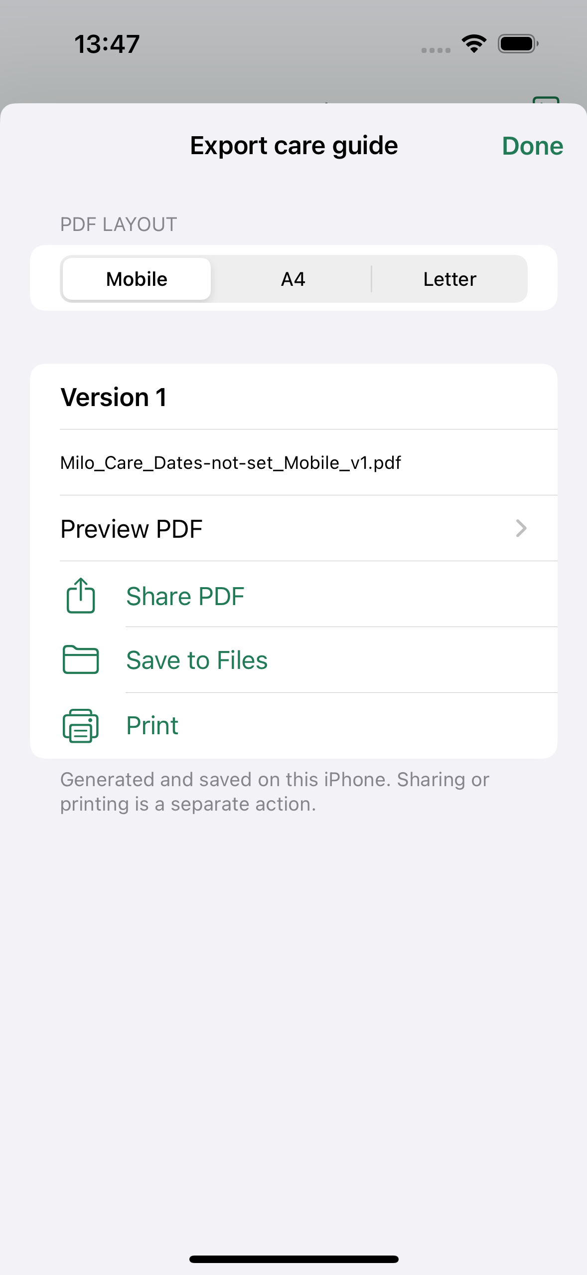 PetBrief PDF export screen