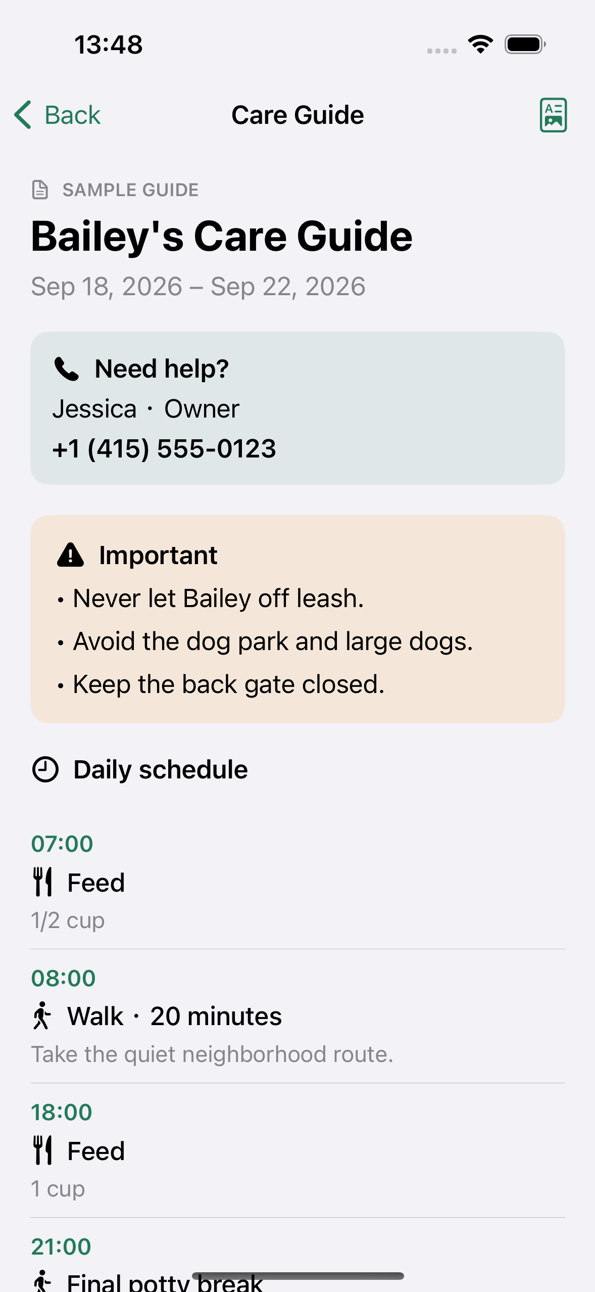 PetBrief sitter guide preview screen