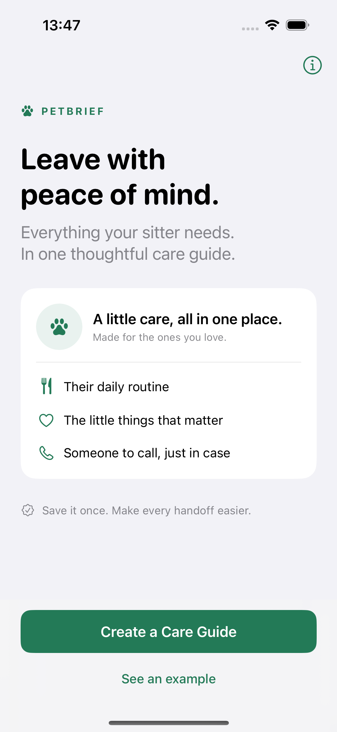 PetBrief welcome screen